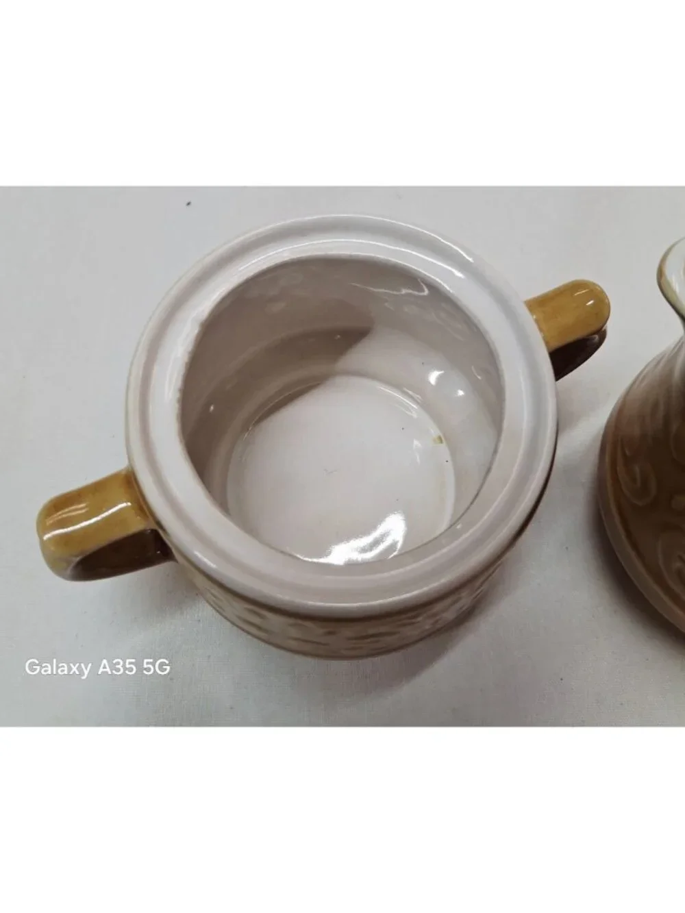 Vintage Japan Ceramic Sugar Bowl & Creamer Set - Embossed Floral Design - Brown